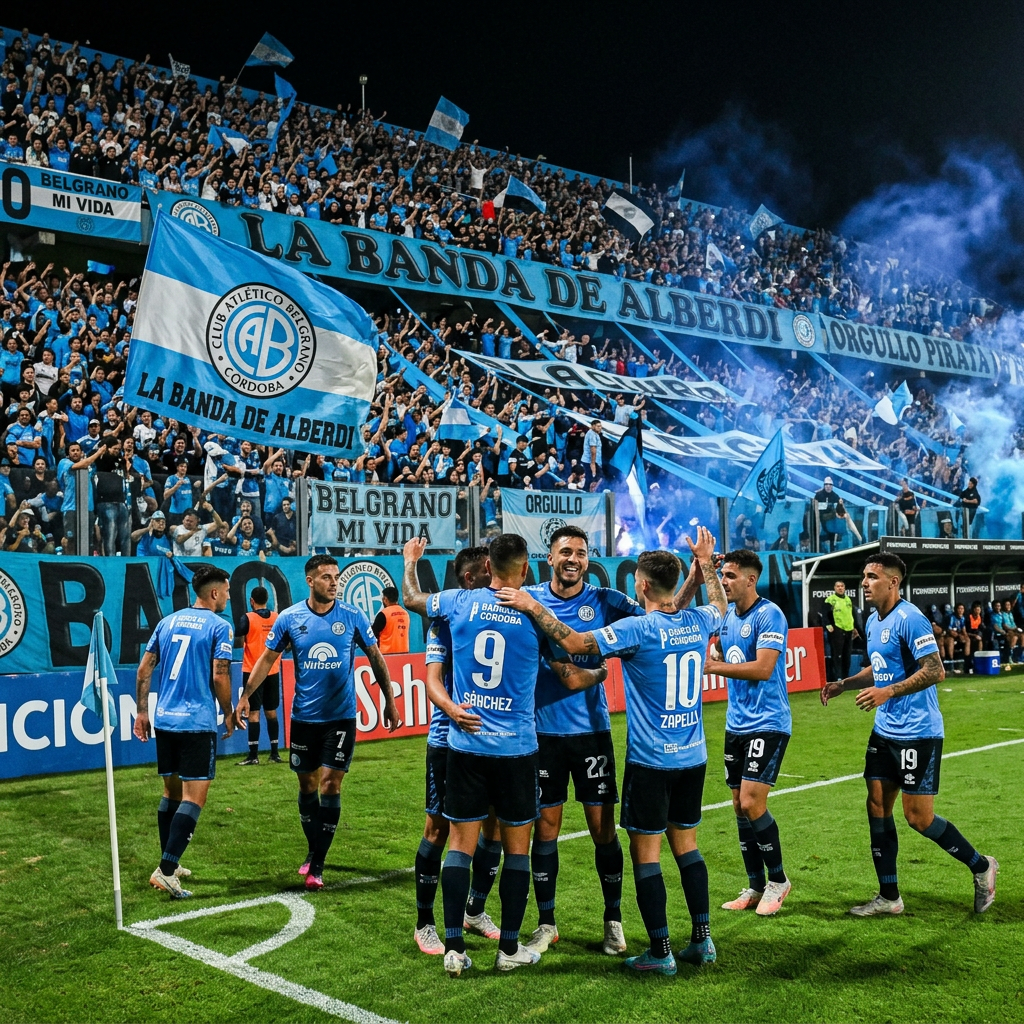 Belgrano football players celebrating near corner flag with fans waving flags